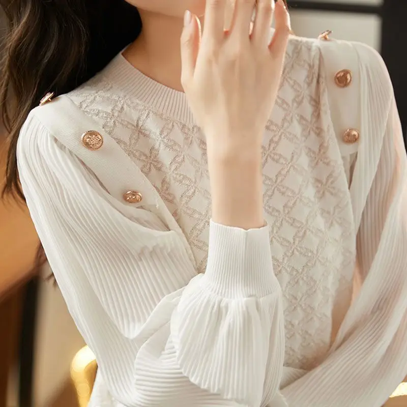 Women\'s Fashion Ruffled Vintage Button Patchwork Elegant T-shirts Spring Autumn Female Casual Solid O Neck Long Sleeve Chic Tops