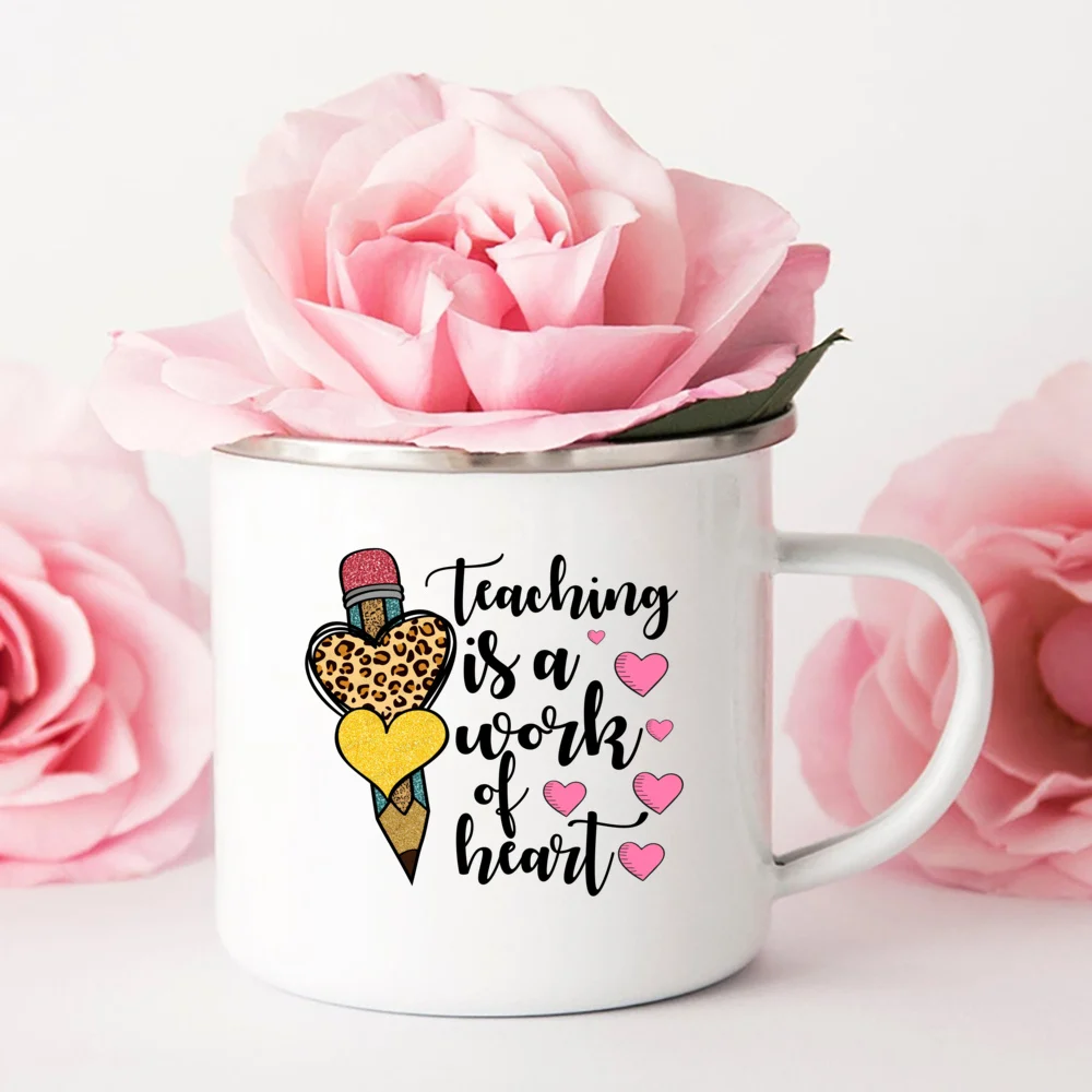 Teaching Is A Work of Heart Printed Enamel Mug Creative Coffee Water Cups Drink Dessert Milk Mugs Handle Drinkware Teacher Gifts