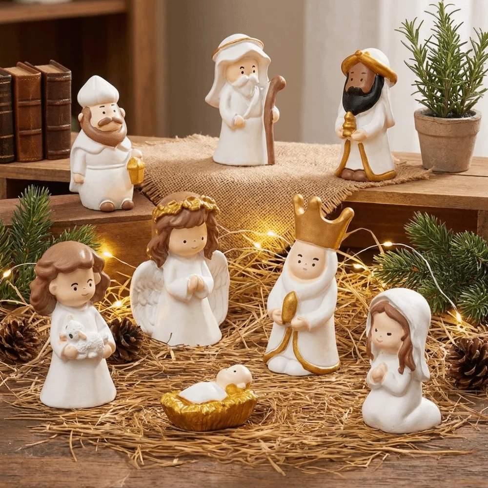 8PCS 3D Nativity Scene Figurine Set Resin Collectible Jesus Virgin Mary Figurine Little Nun Figurine Miniature