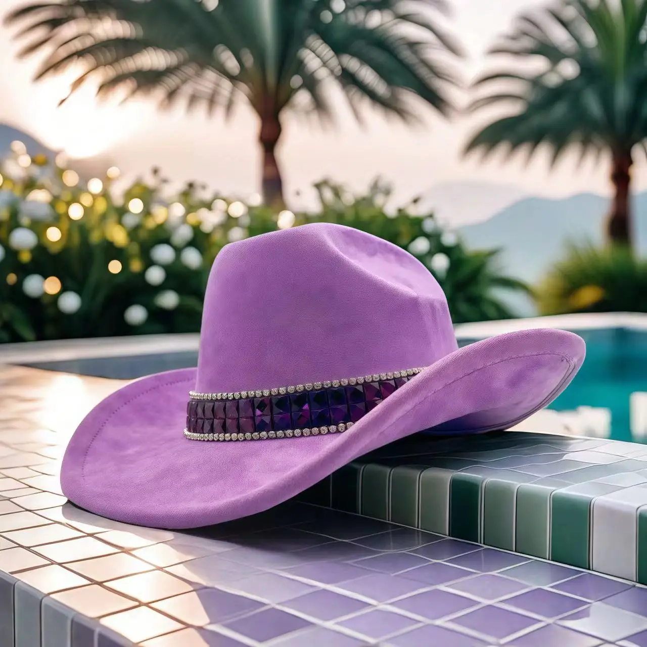 HongLuan Violet Disco Kostüm Hut Erwachsene & Cowboyhüte Strass für Frau, Cowboy Cosplay Damen Accessoires & Cowgirl Cap