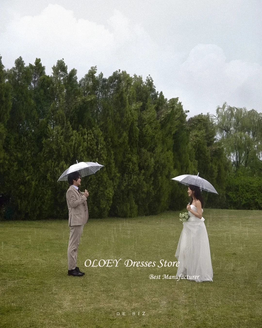 OLOEY Proste Suknie Ślubne w Kształcie Litery A z Tiulu w Kolorze Kości Słoniowej na Sesję Zdjęciową Koreańskie Ramiączka Plisowane Suknie Ślubne Gorsetowe Plecy Szyte na Miarę 웨딩드레스