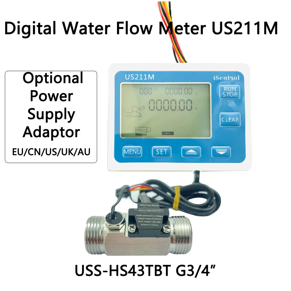 US211M Water Flow Meter Totalizer with G3/4“ SUS304 Stainless Steel USS-HS43TBT 1-30L/min Liquid Meter with Temperature iSentrol