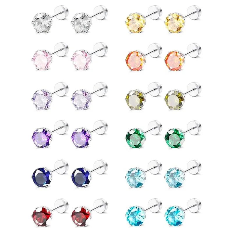 2pcs 20G Hypoallergenic Stud Earrings for Women Men, Stainless Steel Flatback Earrings Cubic Zirconia Earring Piercing Jewelry