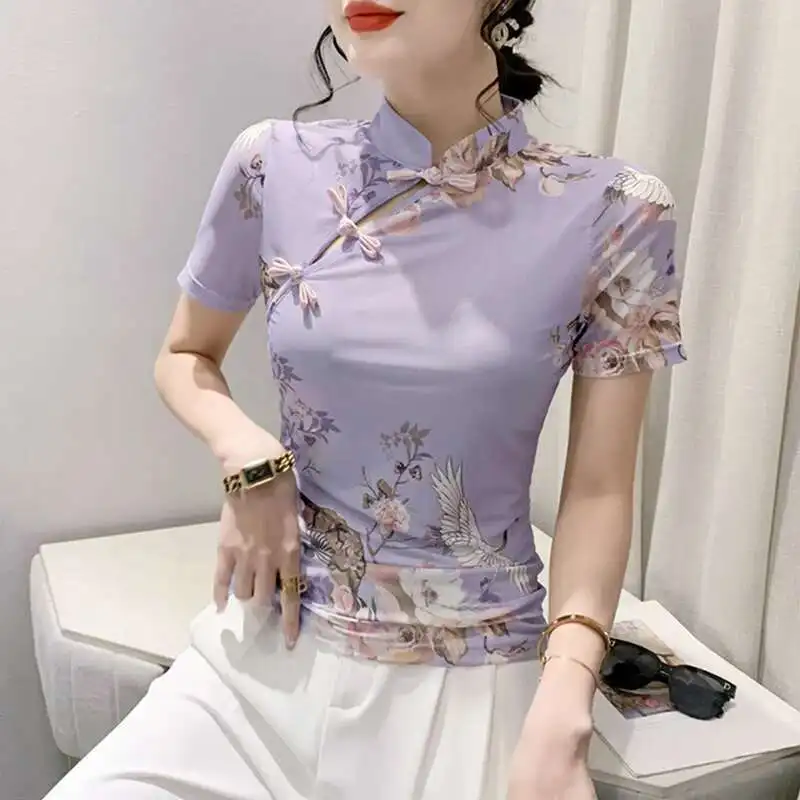 #5634 Print Vintage Short T Shirt Women Stand Collar Buttons Sexy Tight Hollow Out Tee Shirt Femme Short Sleeve Hollow Out