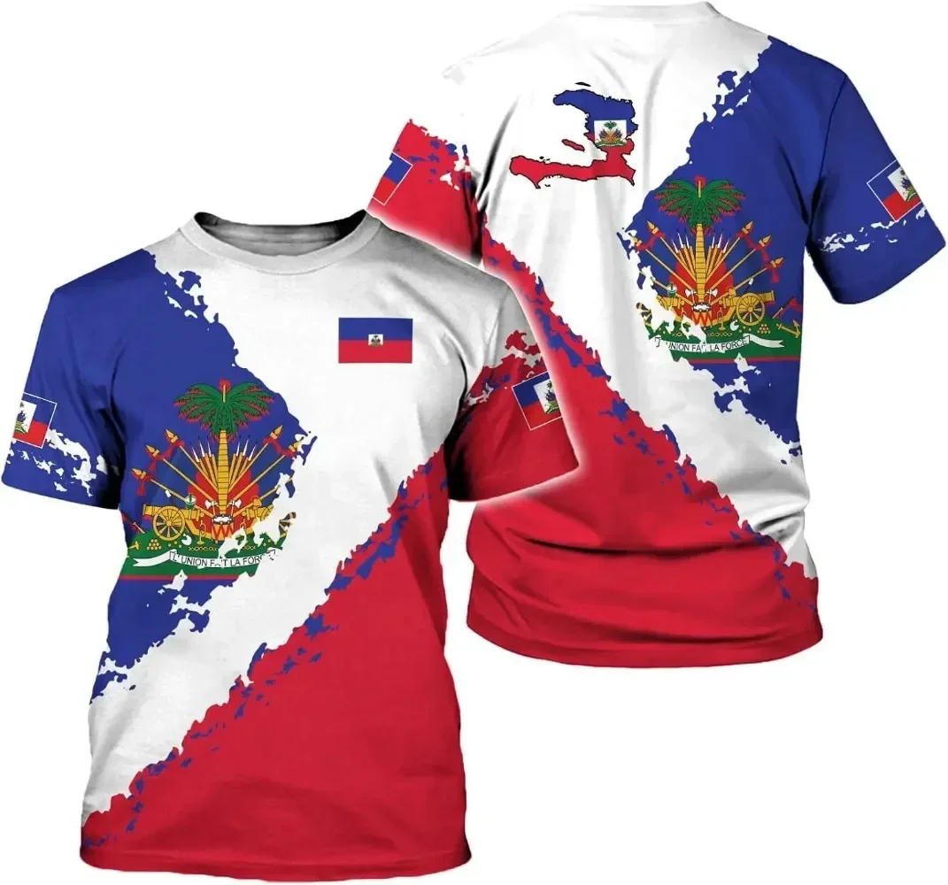 

Haitian flag badge 3D printed T-shirt men's and women's casual short sleeved Harajuku oversized top high quality clothing