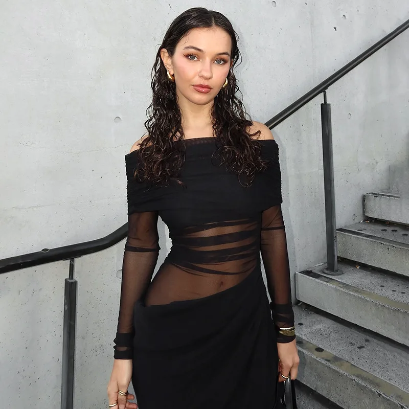2025 Spring Elegant Mesh Patchwork Maxi Dress Women Sexy Sheer Off Shoulder Slim Party Dress Fashion Long Sleeve Holidays Dress