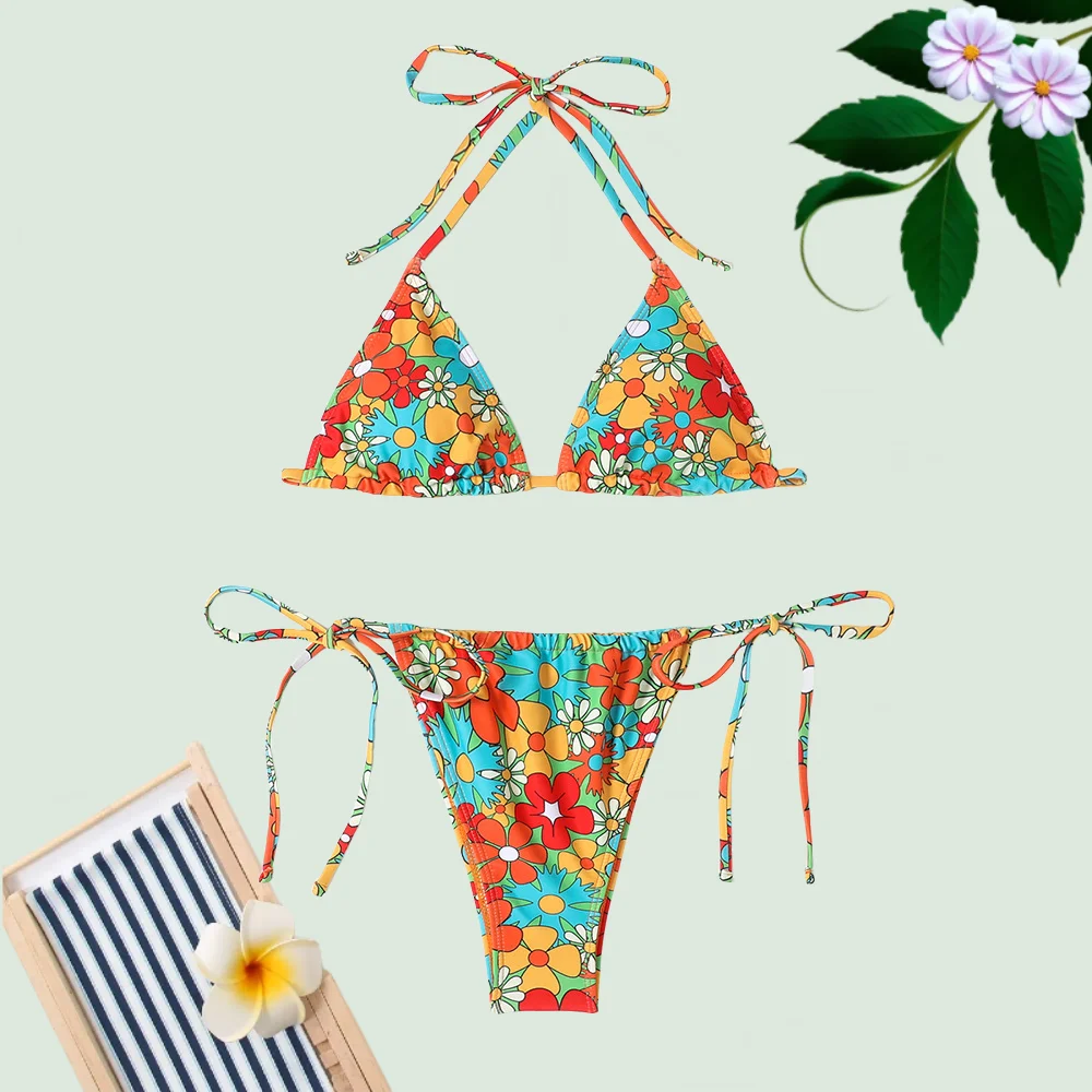 

Sexy Bikini Set Halter Neck Backless Triangle Swimsuit 2 Piece Swimsuit Thong Bikini Women Floral Print Brazilian Swimsuit