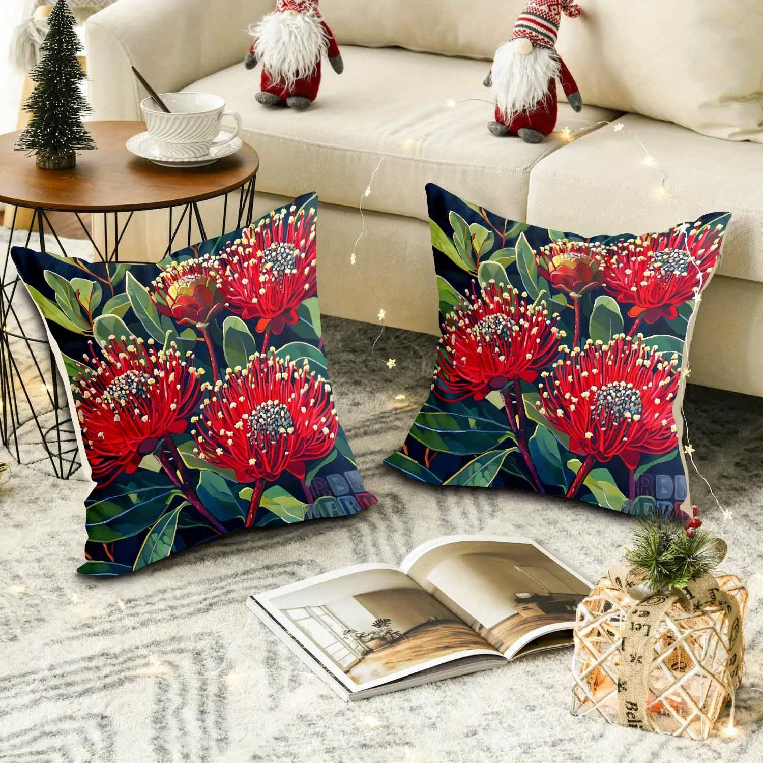1pc Red Eucalyptus Flower Pillow Cover, Polyester 2D Double-Sided Print, Vibrant Tropical Floral Art, Plant Lover Home & Car Dec
