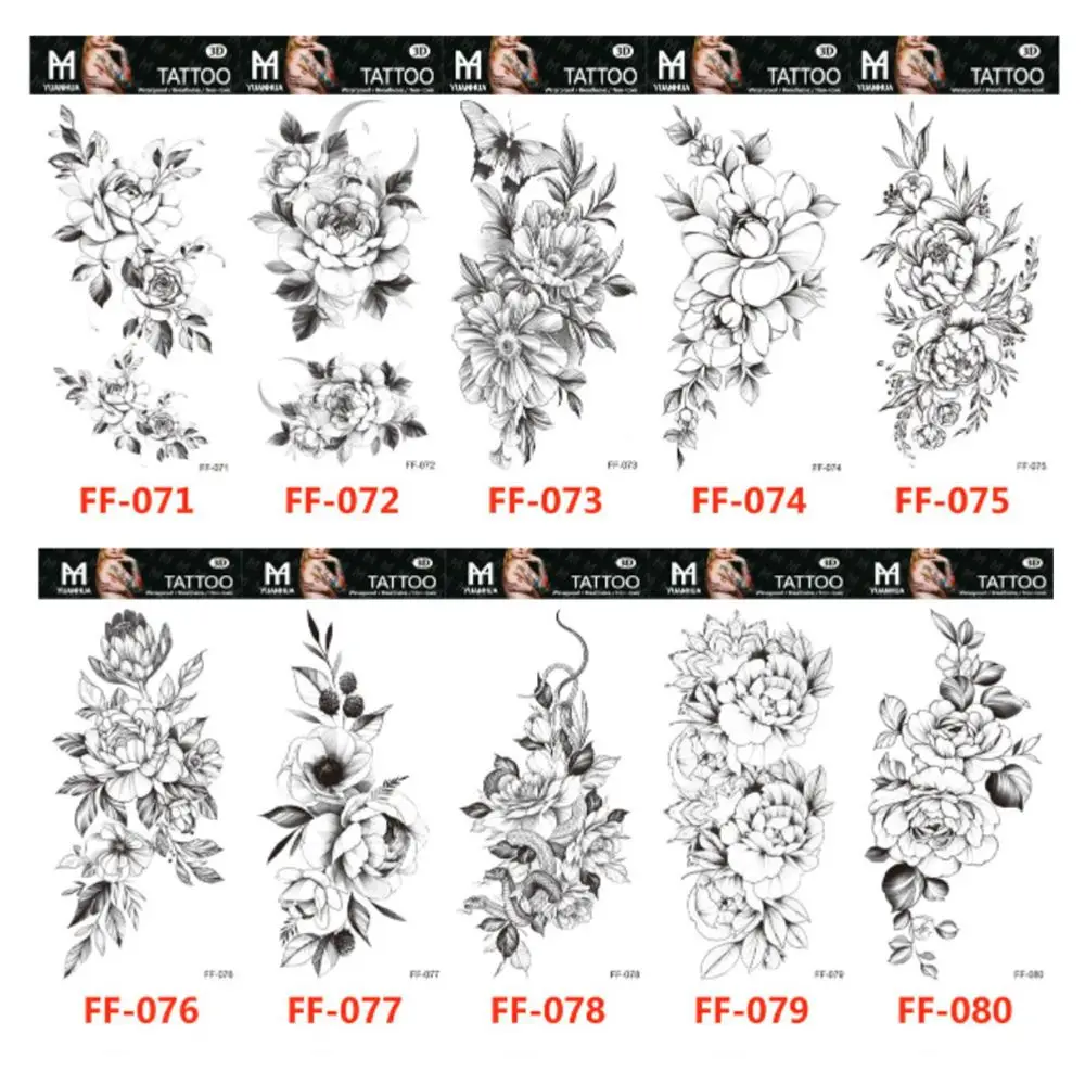 Large Men Peony Rose DIY Water Transfer Decals Fake Tattoo Body Art Stickers for Body Arm Leg Black Flowers Temporary Tattoo