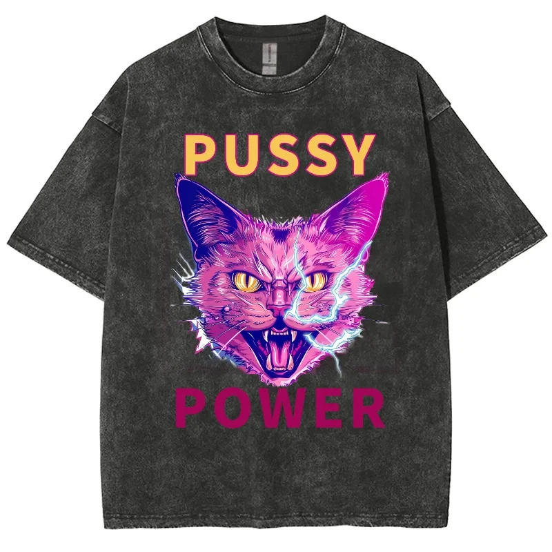 New Arrival Pussy Power Mad Cat T Shirt Men Women Y2K Cotton Tshirt Unisex Streetwear T-shirt Clothing Top Tee