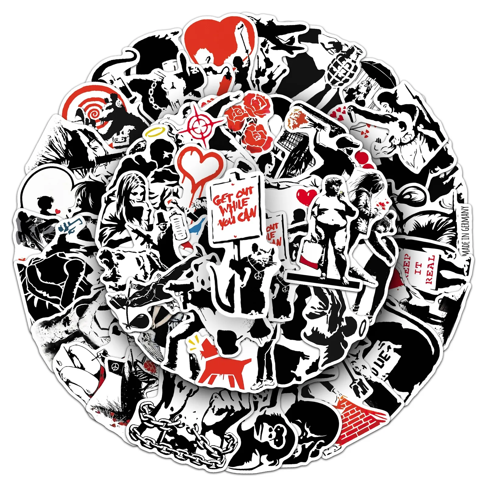 50 autocollants décoratifs créatifs noir et blanc style graffiti urbain Banksy pour casque et bagages