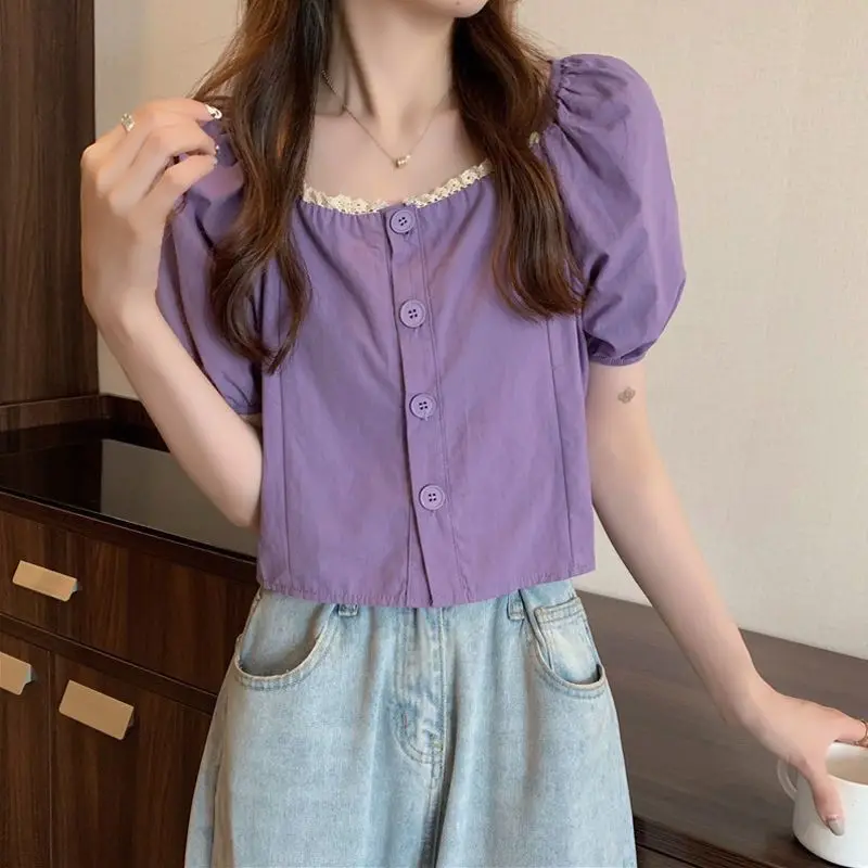 Women Summer Simplicity Trend Solid Color Square Collar Short Sleeve Shirts Women Clothes Casual All-match Appear Thin Top Tee