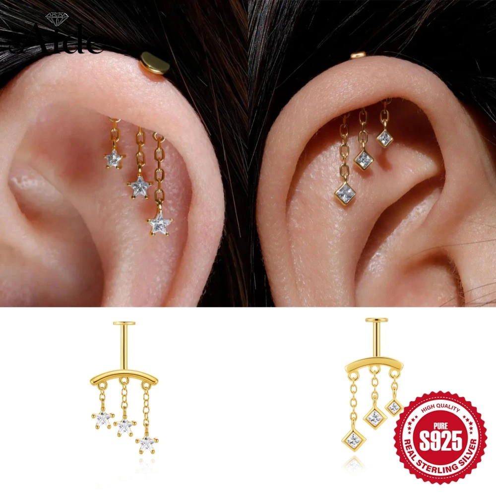 AIDE 925 Sterling Silber Dreifach-Stern CZ Vertikale Helix-Piercings für Frauen 16G Innengewinde Flache Rückseite Quaste Feiner Schmuck