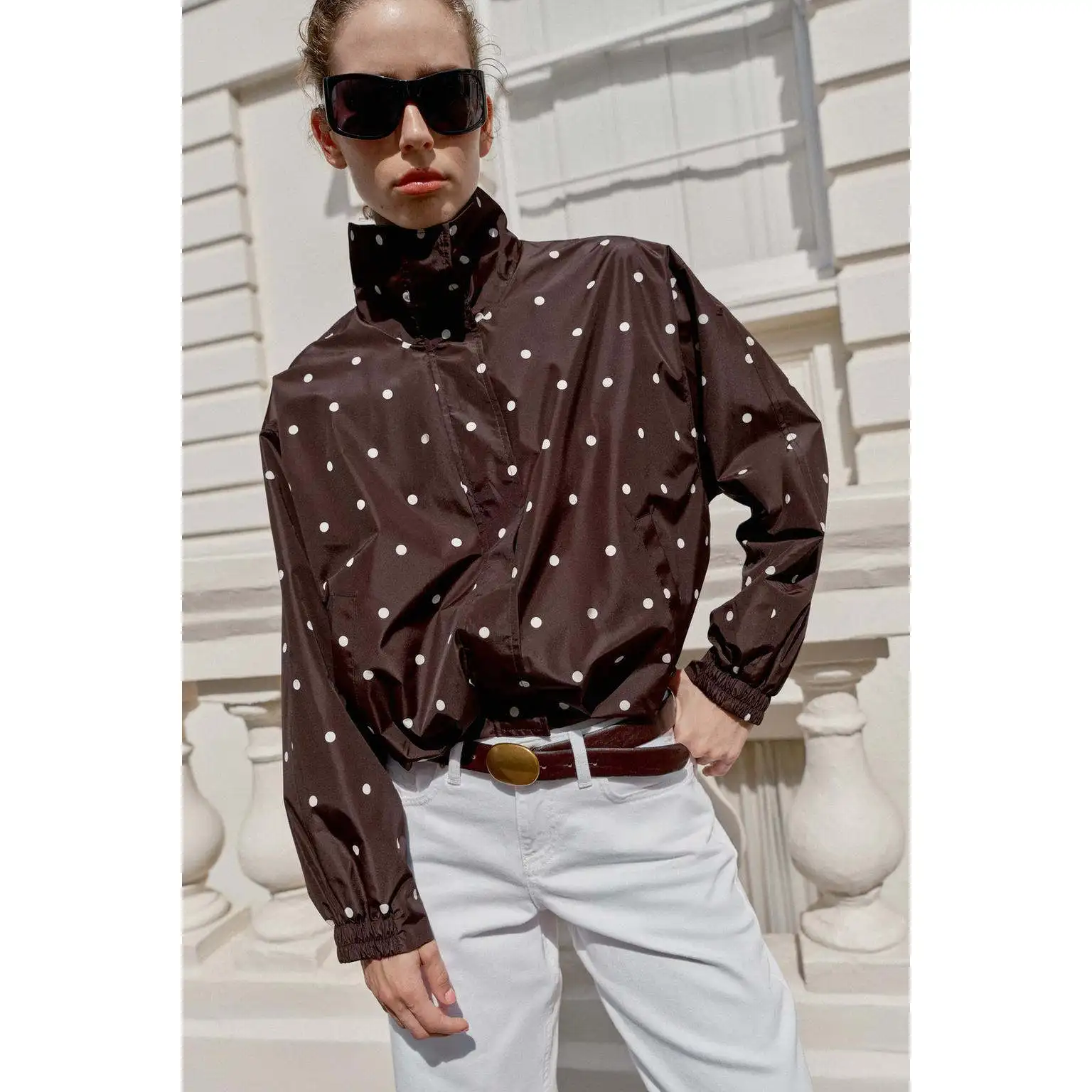 Early Autumn New Arrival Women's Fashion Polka Dot Pilot Jacket Coat ZR Style Polyester Fiber Loose Fit Short Sleeve Zipper
