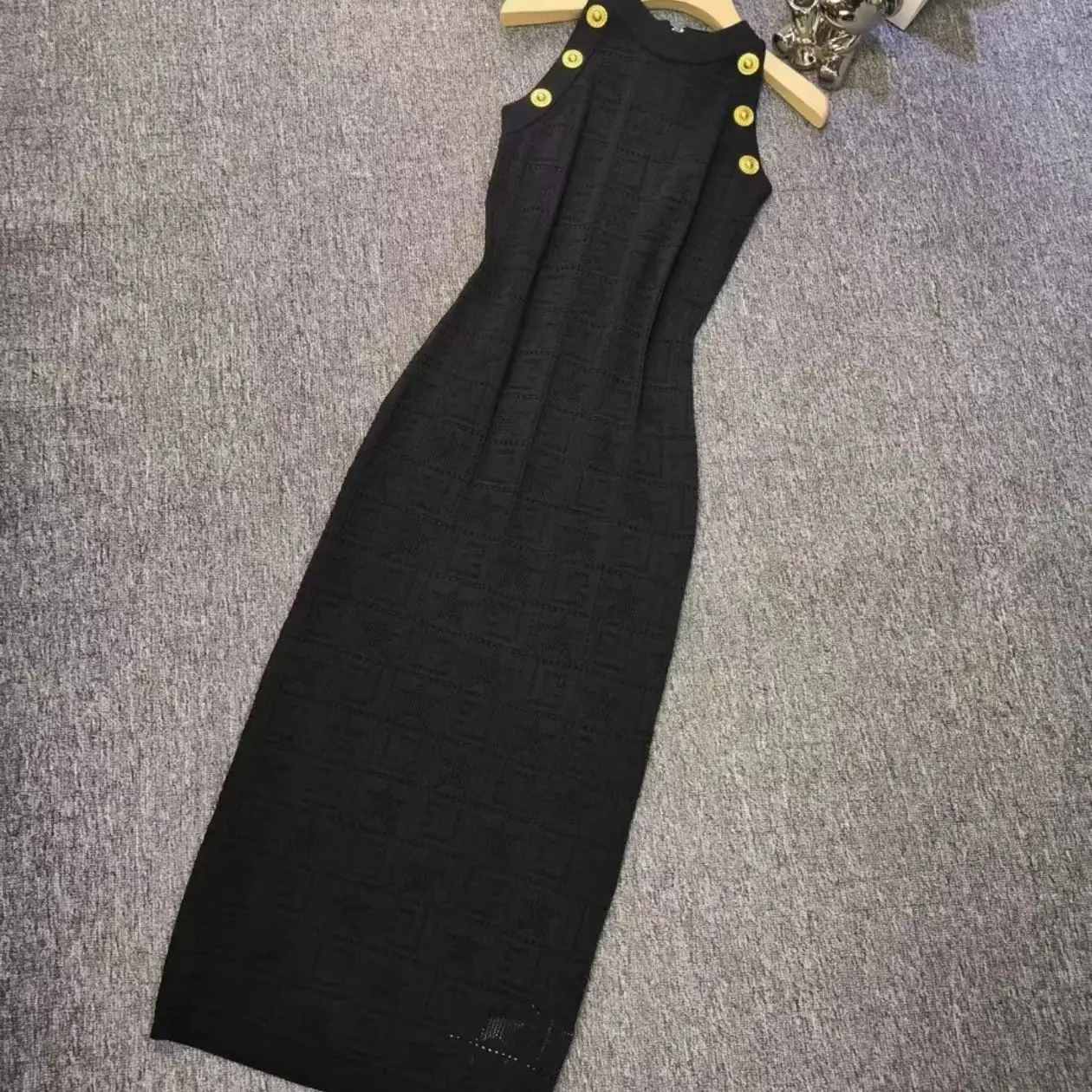 

High Quality Summer New Fashionable Temperament Elegant Geometric Knit Round Neck Slim Fit Sleeveless Back Zipper Dress