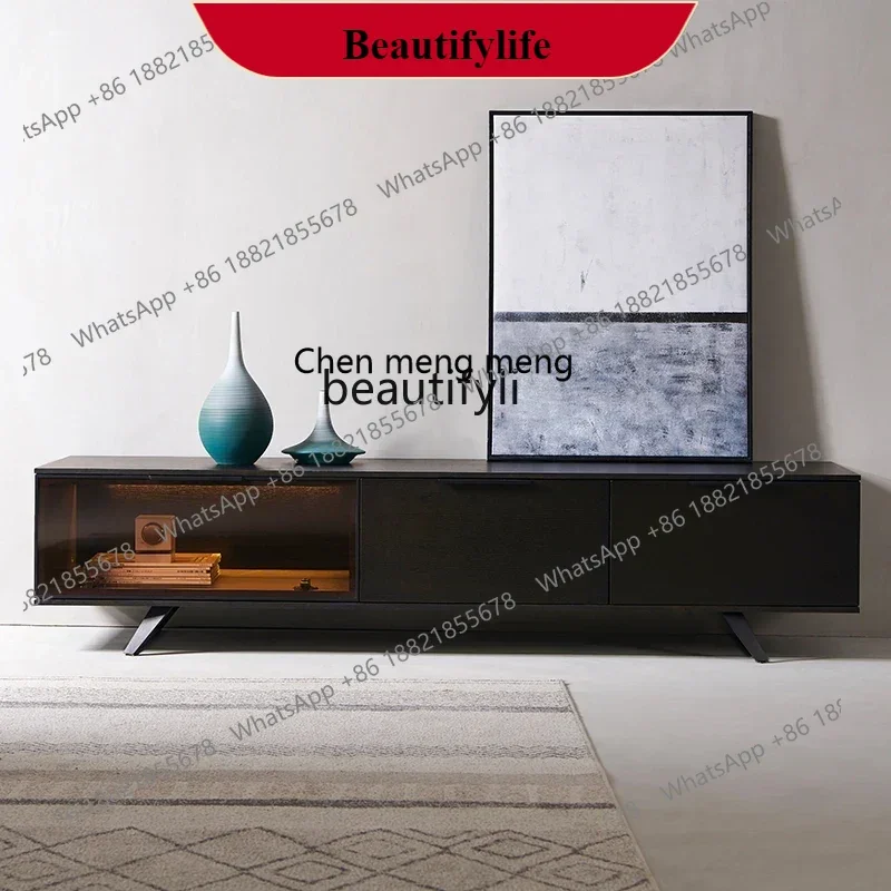 

G153 Italian TV Cabinet with Light Small Apartment Solid Wood Low Cabinet Black Floor Cabinet Living Room Furniture