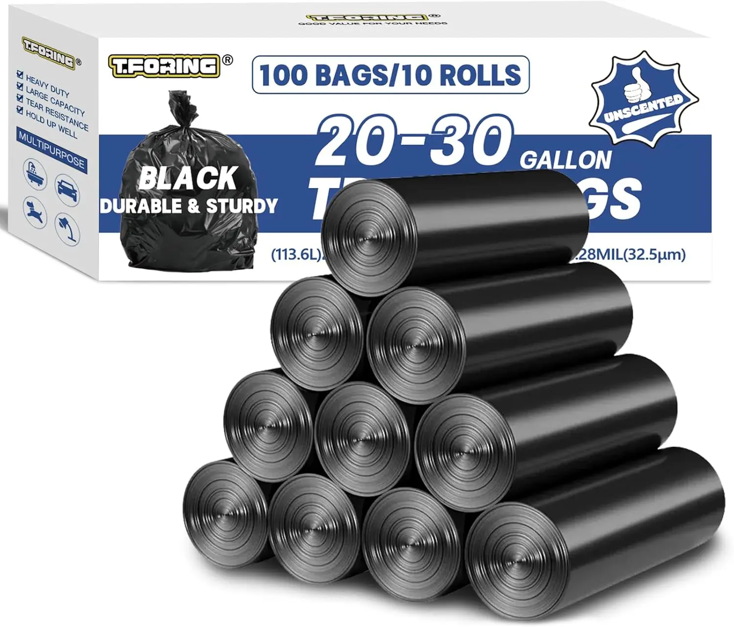 

20-30 Gallon Trash Bags Black 1.28 Mil Thick 30x35 Large Garbage Bags 100 Count Heavy Duty Trash Can Liners for Kitchen Home