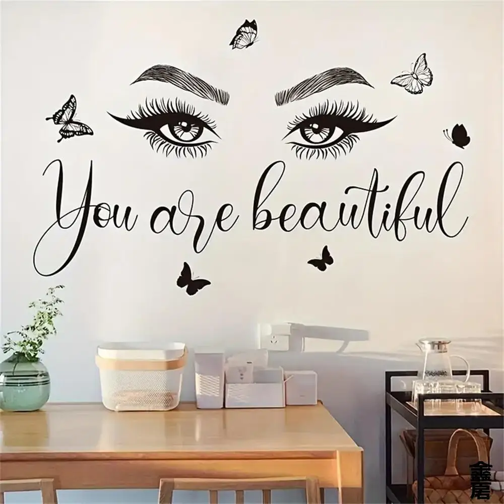1 pc beautiful lash for salon with butterfly Wall Sticker Pvc Wall Art Stickers Modern Fashion Wallsticker for hairdress