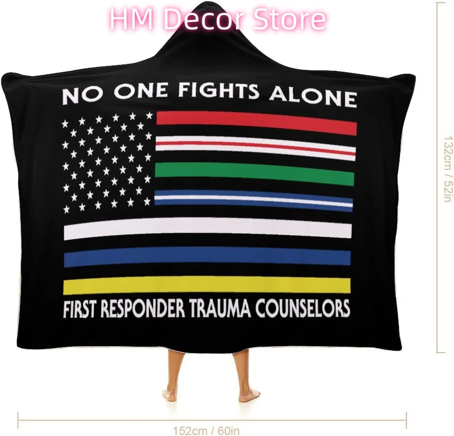 US Flag No One Fights Alone First Responder Wearable Hooded Blanket Warm Cozy Blanket Wrap Oversized Throw Cape