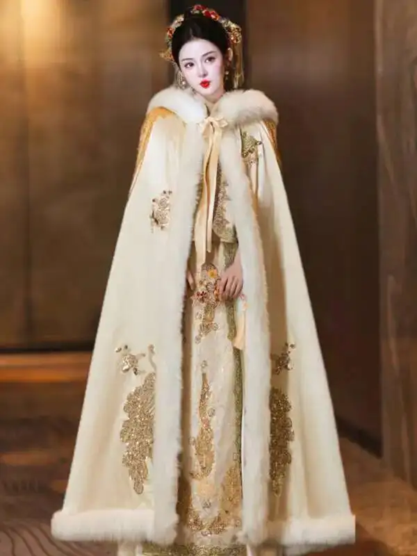 

Золотой плащ с капюшоном и меховым воротником, стиль ханьфу для женщин, костюм Xiuhe цвета китайской невесты цвета шампанского, теплая зимняя накидка