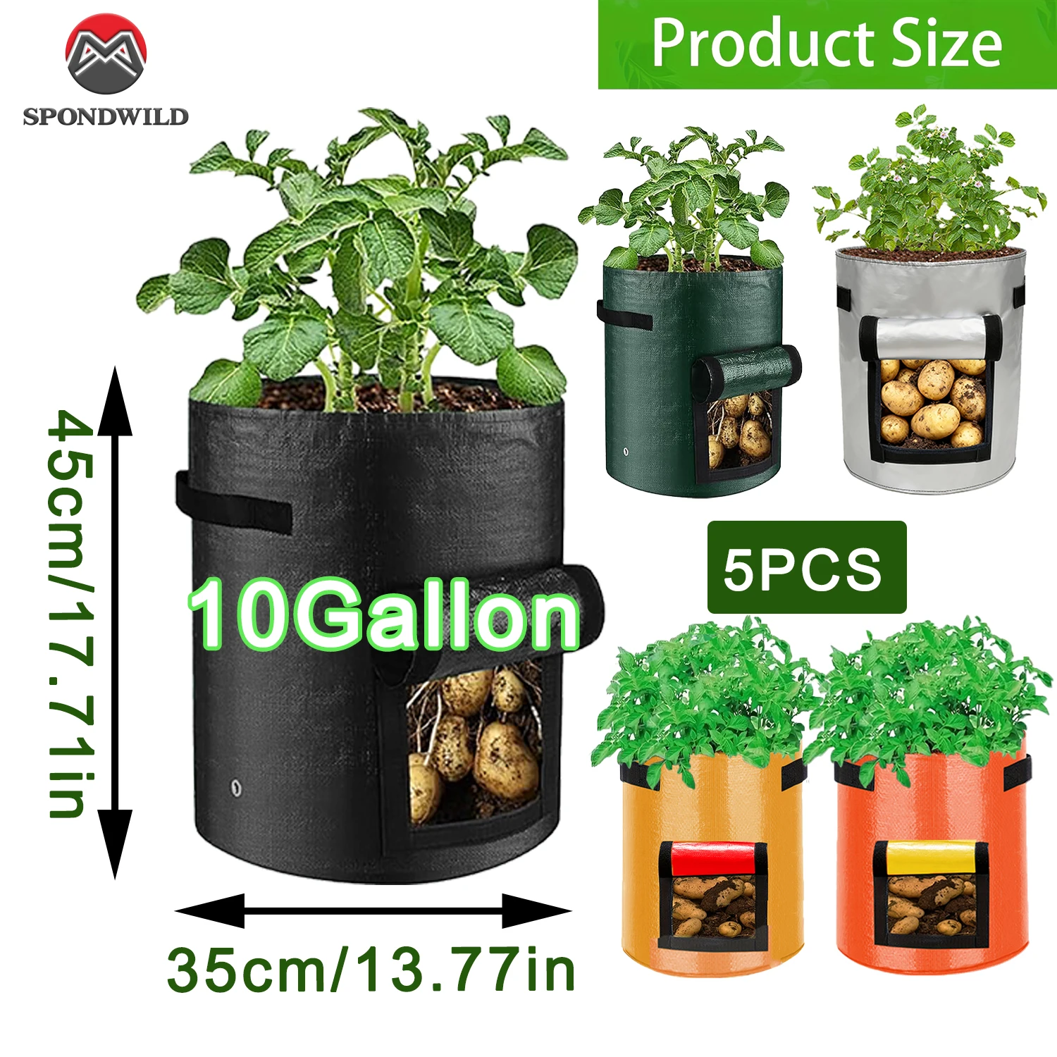 Potato Grow Bag with View Window, 1/5 Packs for Home Garden, 3/7/10 Gallon Easy to Use PE Planter for Vegetables