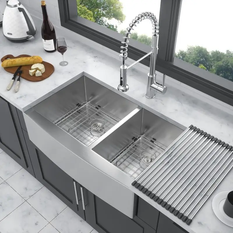 

36" x 20" x 9" Double Bowl Farmhouse Sink - 60/40 Stainless Steel Apron Front Kitchen Sink, 16 Gauge, Two 9" Deep Basins