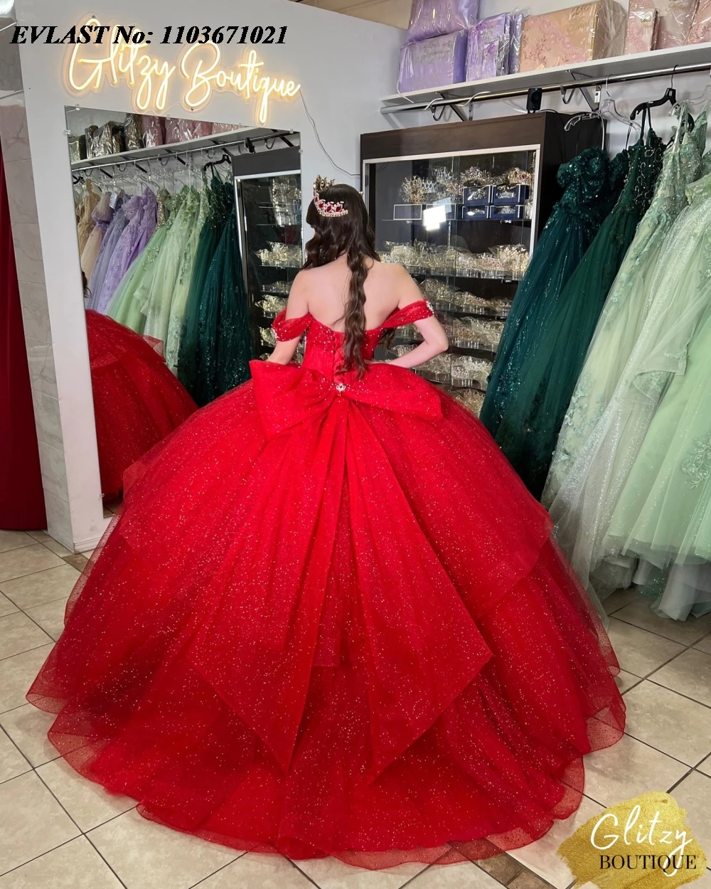 EVLAST Red Off Shoulder Quinnceanera Dress Ball Gown Shiny Applique Beading Tiered Corset Sweet 16 Vestidos De 15 Anos SQ640