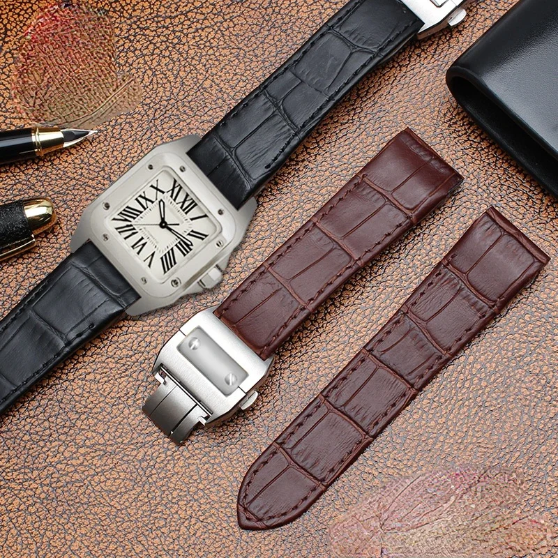 Genuine Leather Watchband for Cartier Santos 100 Watch Band Men Women Santos Glue Head Belt Folding Watch Strap 23mm