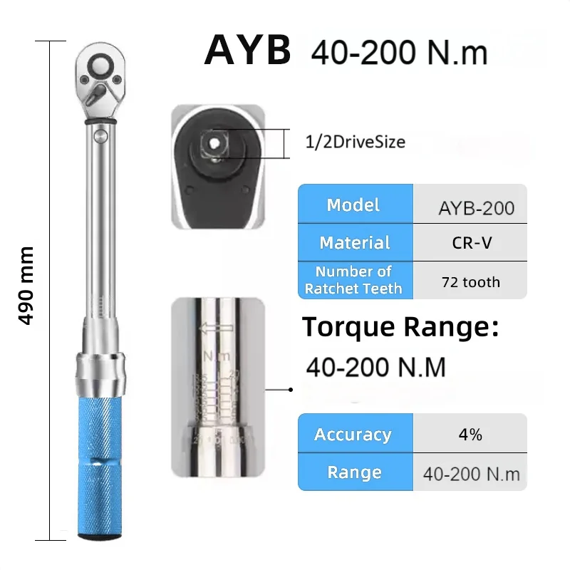 ALIYIQI AYB 40-200N.M 1/2 인치 스퀘어 드라이브 프리셋 토크 양방향 래칫 소켓 렌치 3% 핸드 스패너 자전거 수리 도구