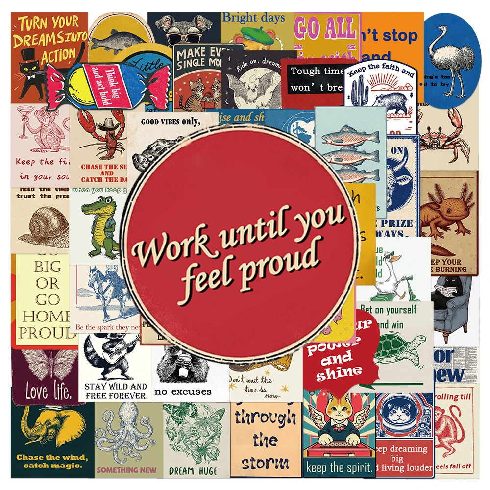 

10/30/50pcs Retro Animal Pattern Inspirational English Phrases Stickers Cartoon Decoration Decal for Luggage Guitar Cool Sticker