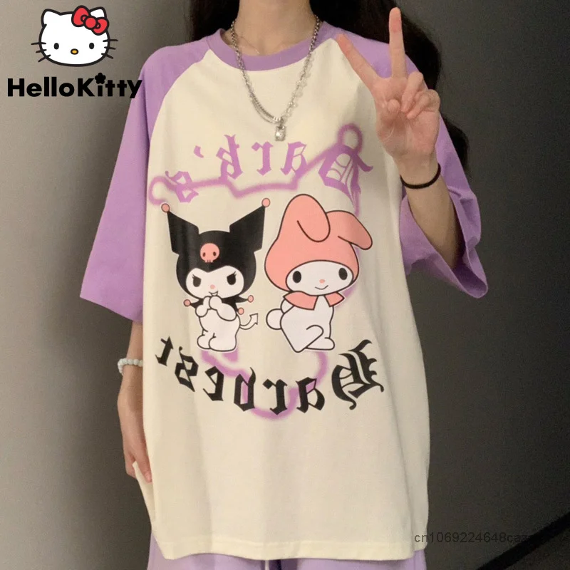 Sanrio New Fashion T-shirts Cartoon Kuromi Melody Contrast Top Women's American Style Loose Tees Y2k Cotton Short Sleeve Tshirt