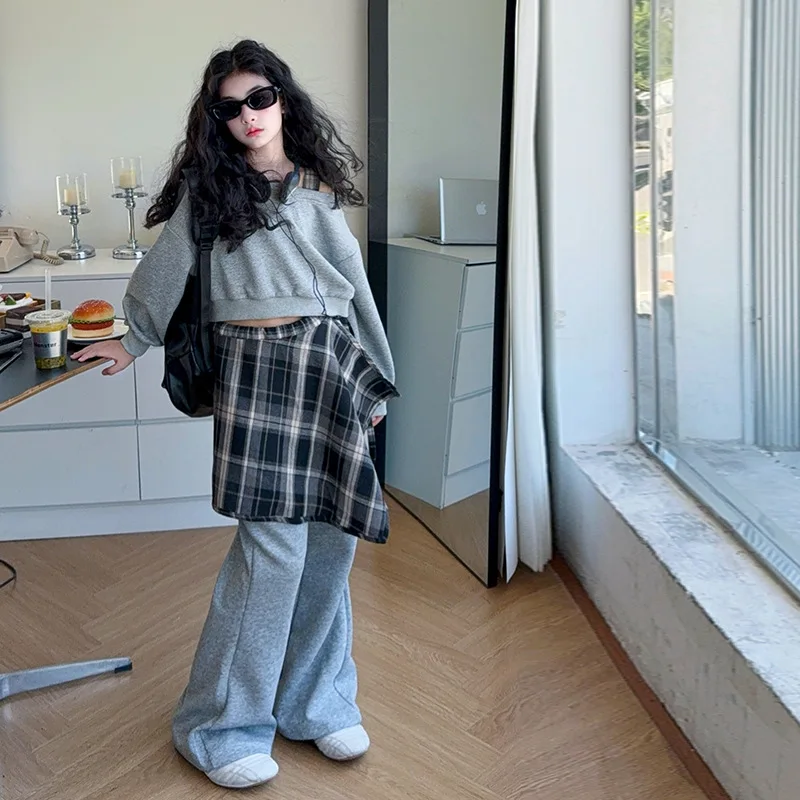 korean-school-girl-2pcs-outfit-autumn-kids-girl-long-sleeve-sweatshirt-children-girl-plaid-patchwork-bootcut-pant-4-14y-girl-set