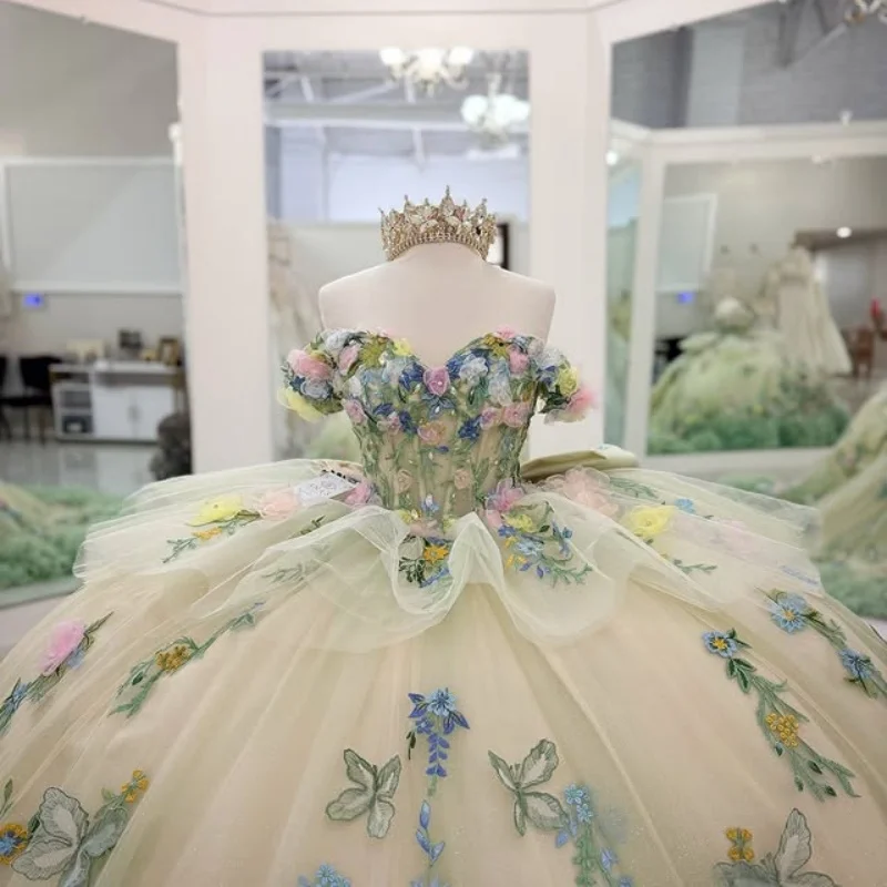 

Mint green Quinceanera Dress off-shoulder Lace layering 3D flower decal Long tail bow vestidos de 15 Quinceanera ﻿Customize