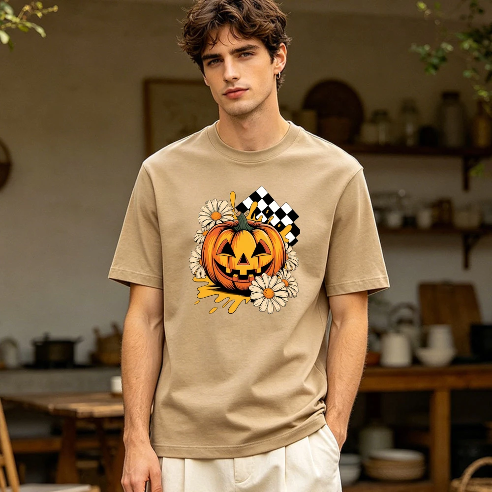 Retro Jack O Lantern Men T Shirt Daisy Checkered Flag Pumpkin Design Halloween Fan Outdoor Crew Neck Cotton Tops