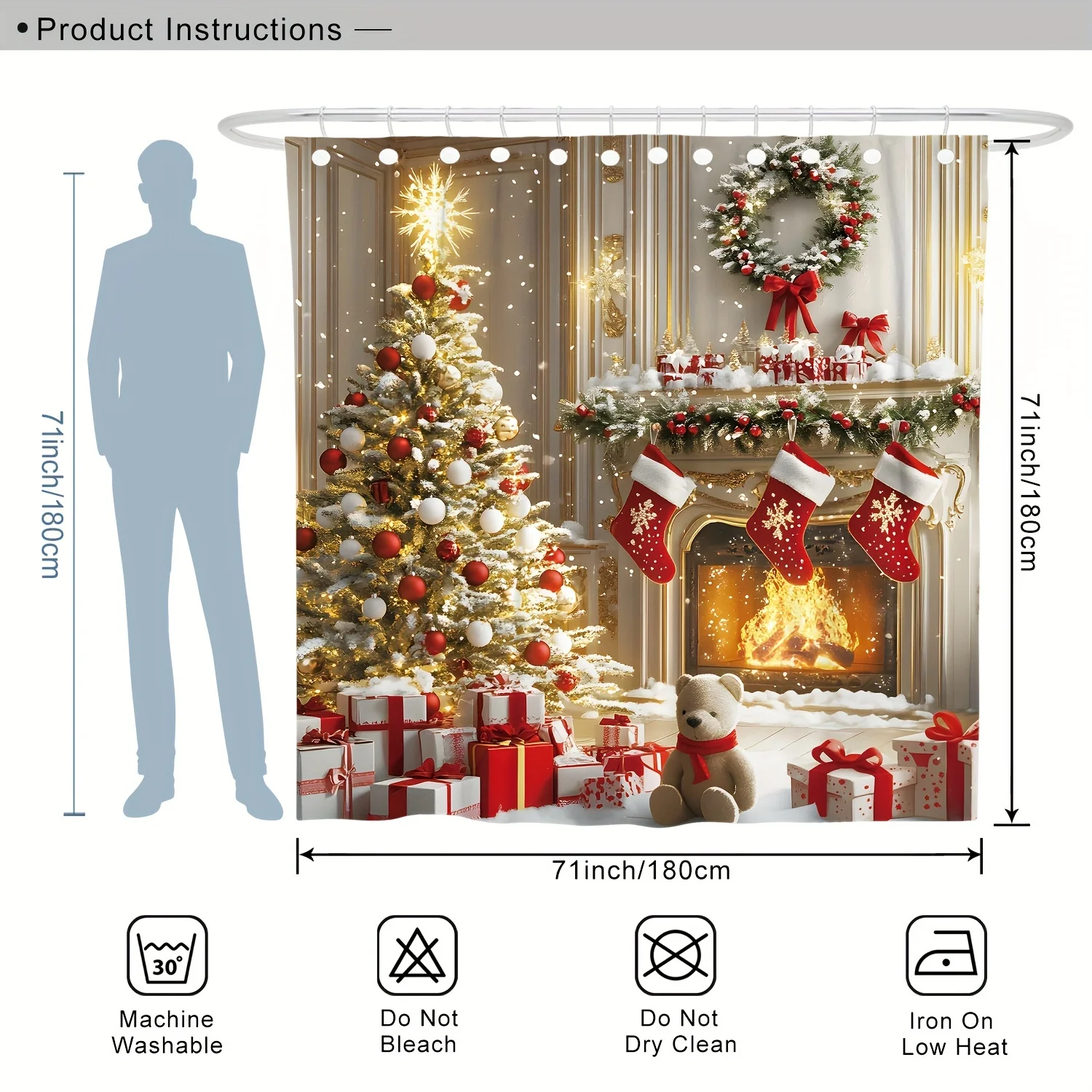 4Pcs Winter Fireplace Shower Curtain Set, with Hook and U-Shaped Toilet Seat Cover, Bathroom Accessories, Christmas Decoration