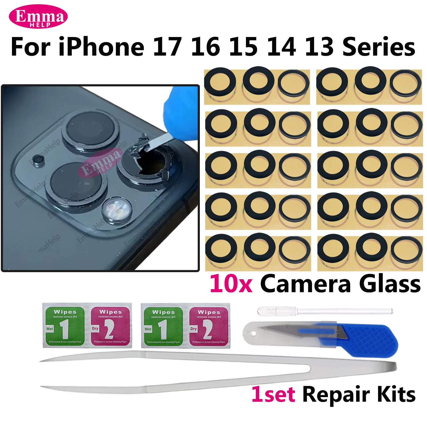 10set Back Camera Glass Lens for iPhone 16 17 15 Pro Max 14 Plus 13 Pro Max Rear Camera Glass Repair Kits