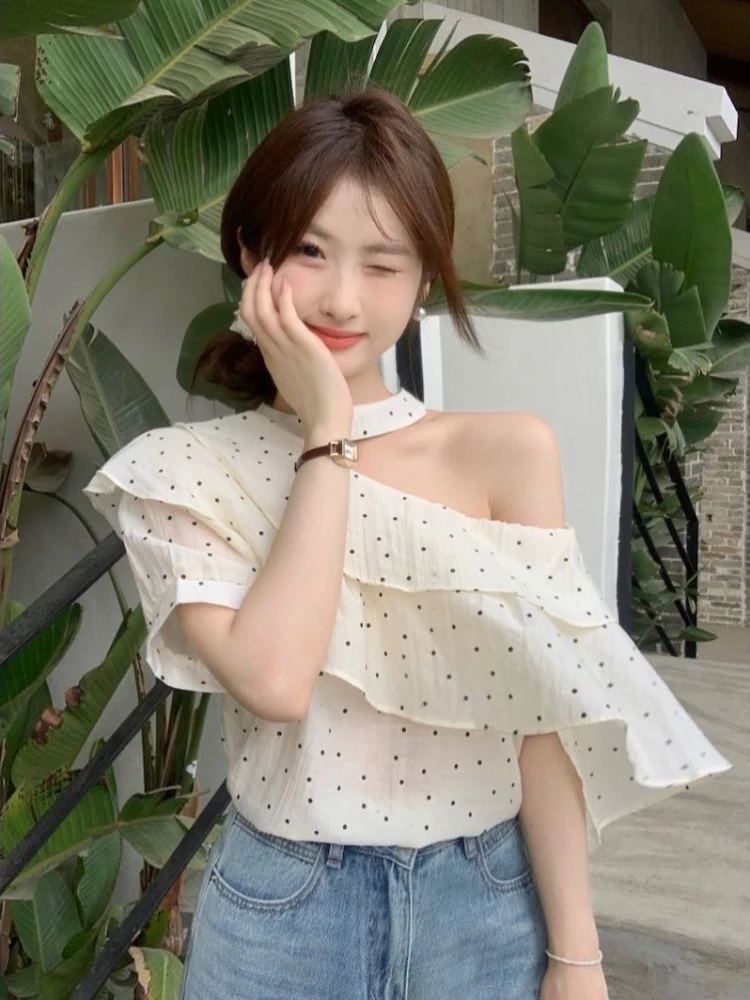 

Sweet Chic Summer Off Shoulder Polka Dot Blouse Loose Fit Ruffle Neckline Chiffon Top for Women Trendy Casual Wear