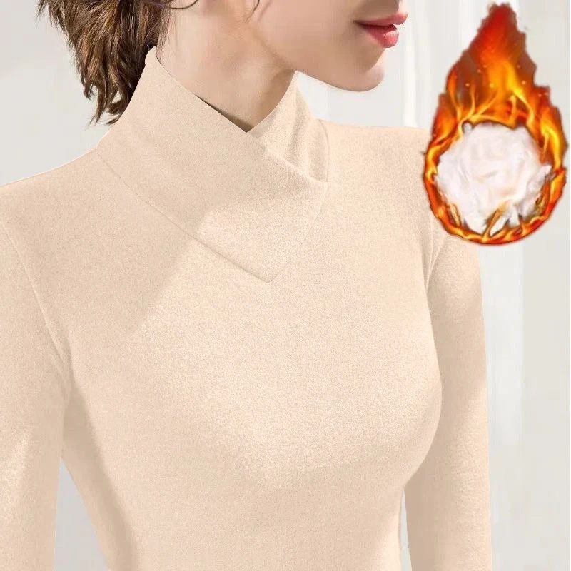 Herfst Winter Nieuwe Semi Hoge Hals V-hals Dames T-shirt Fleece Dragen Binnenkant Dames Thermisch Ondergoed Dameskleding