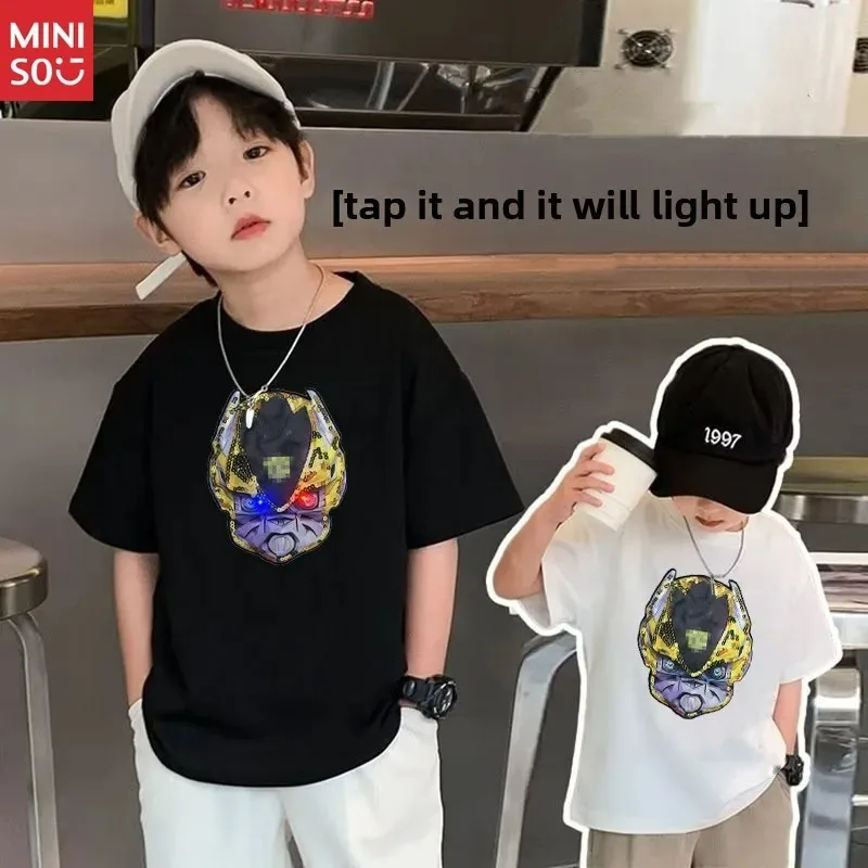 

Miniso Boys Summer 2025 New Cotton Round Neck Tap to Light Up Cartoon T-Shirt Cool Versatile Kids Short Sleeve Top