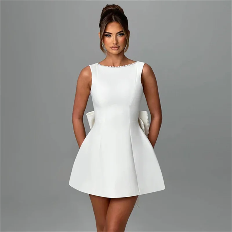 Short Satin Pearls Off Shoulder Mini Length Bridesmaid Dresses Wedding Party Evening Prom Cocktail Homecoming Birthday Backless