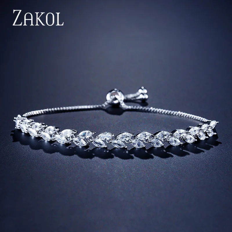 

ZAKOL, модные ювелирные изделия для невесты, прозрачный CZ Кристалл, лист, шарм, кубический цирконий, регулируемая цепочка, браслеты для женщин ...