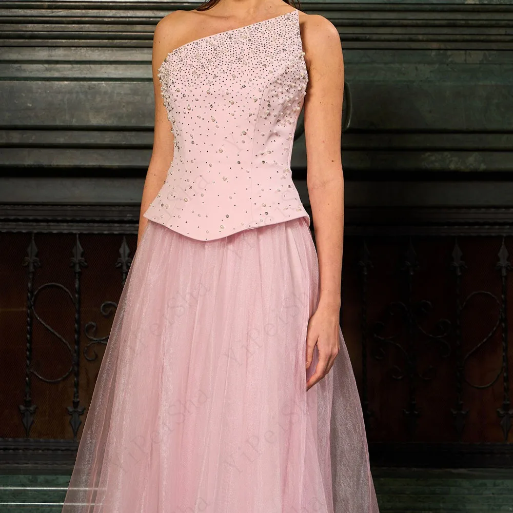 Maßgeschneiderte A-Linie-Abschlussballkleider, bodenlang, trägerlos, ärmellos, Abendkleid, modisches, mit Perlen verziertes, schlichtes, drapiertes Partykleid mit Pailletten