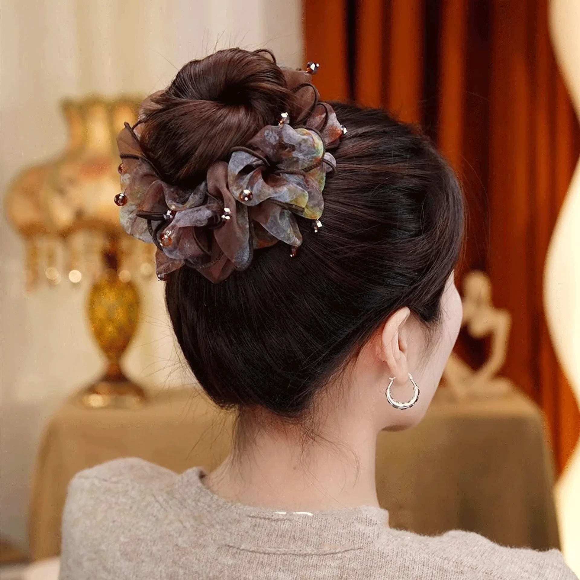 Premium Mesh Scrunchie Brown High Elastic Ponytail Holder For Women Back Of Head Daily Extra Volume Non Slip Soft