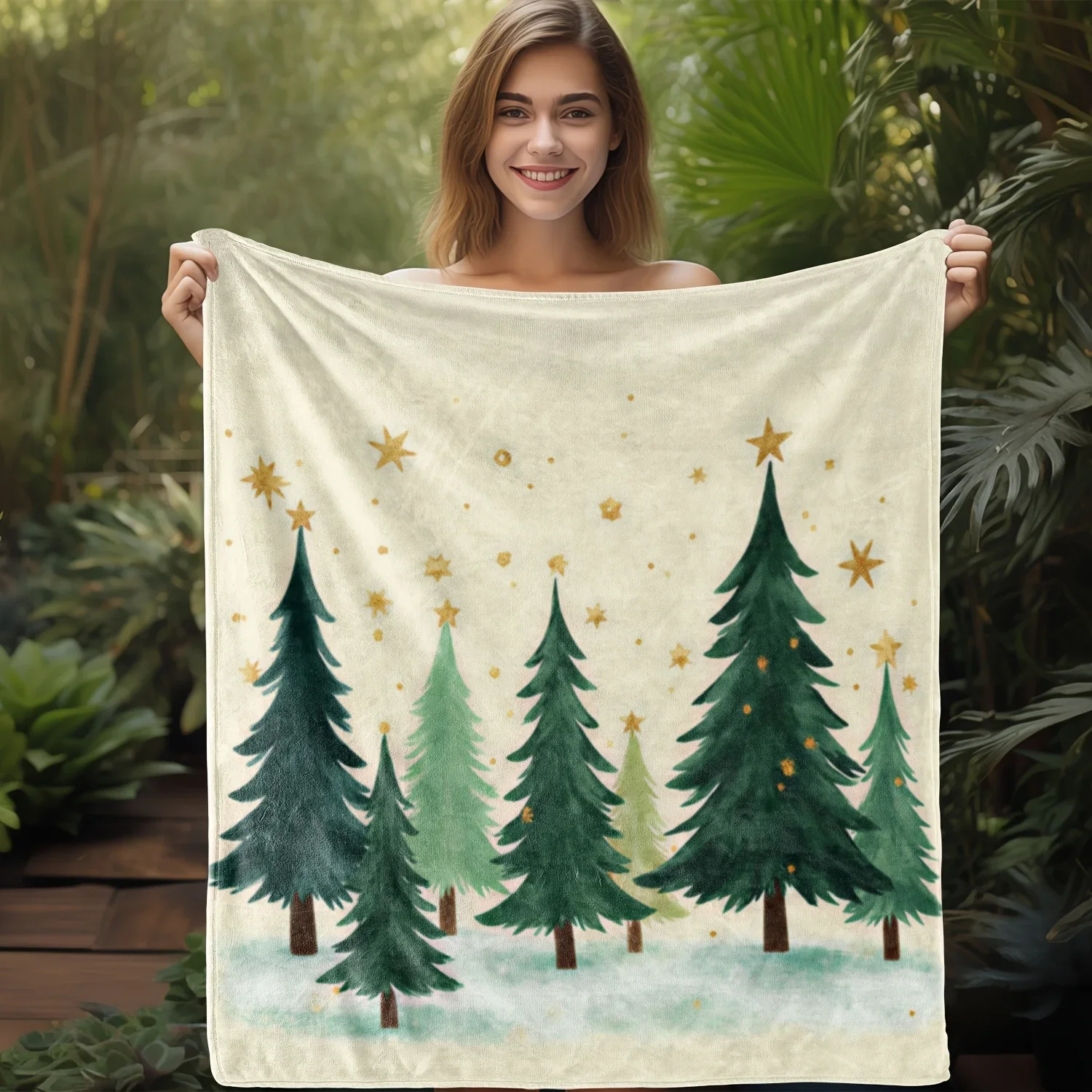 

Flannel Blanket - Christmas Forest with Pine Trees & Golden Stars - Soft Warm Throw for Couch, Bed, Travel, Camping
