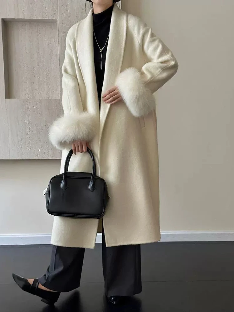 ZOCI Sleeve Fax Fox Fur Lapel Women's Woolen Overcoats Solid Color Long Belt Jackets Bathrobe Style Coats 2024 Winter New FC1306