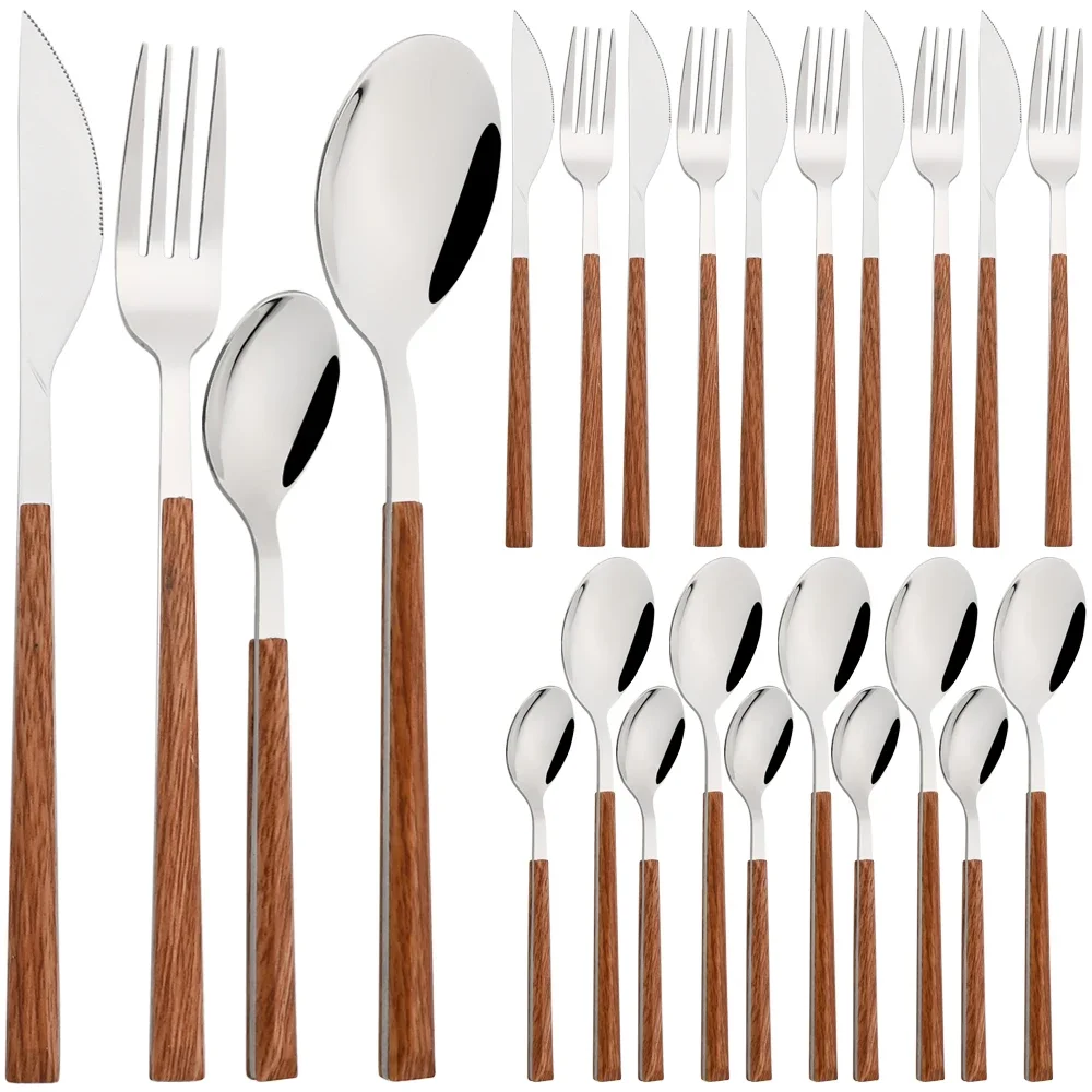 24/30pcs Nachahmung Holzgriff Besteck Set braun silber Geschirr Set Messer Gabel Löffel Geschirr Edelstahl Besteck