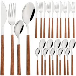 24/30Pcs Imitation Wooden Handle Cutlery Set Brown Silver Dinnerware Set Knife Fork Spoons Tableware Stainless Steel Silverware