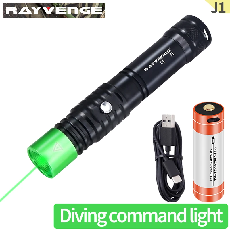 

J1 Green beam diving flashlight Diving coach command light Underwater 100m diving coach torch Outdoor camping rescue and Hiking