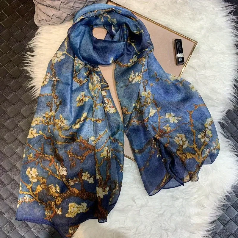 

Lightweight 100% Mulberry Silk Scarf for Women Oblong Shawl Neck Scarf Beach Wrap Headscarf Gift Pack Blue Apricot Blossom Print