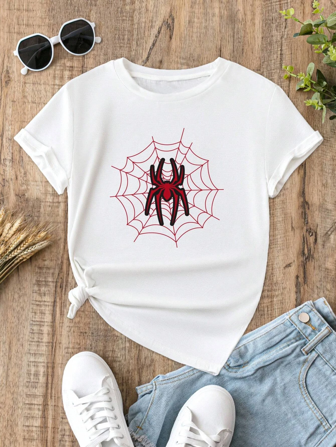 Spring and Summer Women's Casual Graphic Print, Spider, Regular Round Neck T-Shirt, 2024